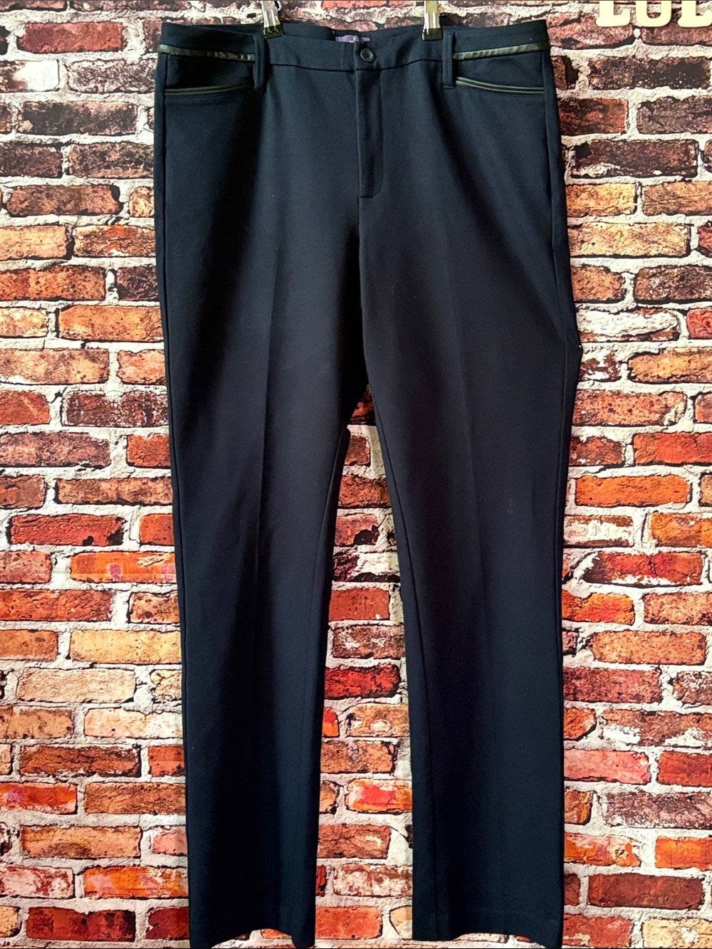 NYDJ Women's Straight Leg Pants in Navy with Black Leather Trim Size 14